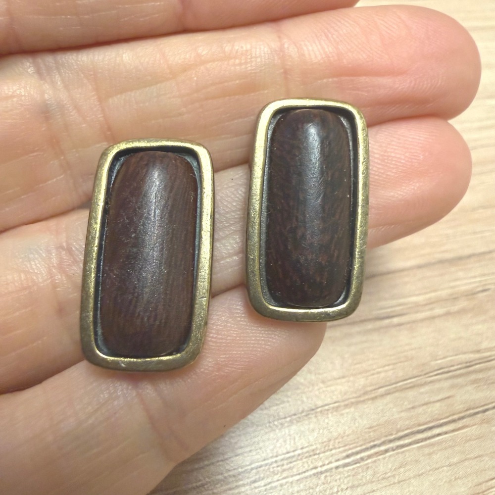 Jay Strongwater Vintage Rectangular Wood Inlay Stud Earrings Antique Brass Tone